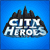 Pixelated blue background with 'CITY HEROES' text above a character in purple hooded outfit and silver mask.