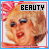 A 3x3 contact sheet of nine identical animated frames showing a cartoon woman with blonde hair, red lips, and dark sunglasses against a white background with pink stripes at the top, each frame bordered in different colors and labeled "BEAUTY".