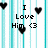 Pixelated icon with cyan vertical stripes background, black text reading 'I Love Him <3', and three pixelated heart symbols.