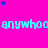 Bright pink background with repeating cyan text 'anywhoo' and scattered blue/purple stars, partially cropped on the right.
