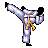 Pixelated figure in a high kick pose wearing light purple karate uniform with white accents and orange belt, black shoes, against solid gray background.