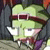 Green-skinned cartoon character with large white eyes, dark hair, and a purple collar; one view shows closed eyes while the other shows wide open eyes.