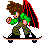 Pixelated character with brown curly hair and red wings performs skateboarding actions on a white background.