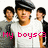Three pixelated figures stand side-by-side against a white background, with pink text reading 'My boys' overlaid at the bottom.
