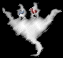 Animated white ghost-like figure with two heads, each wearing a blue and red top hat, performing a spinning dance against black background.