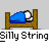 Animated contact sheet of a pixel art character interacting with a bed and text elements across 13 frames, showing sequential actions from lying in bed to sitting up and reacting.