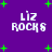 Purple background with green plus signs and white pixelated text reading 'Liz Rocks' in four quadrants.