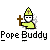 Pixelated icon of a skeletal figure in yellow religious attire holding a brown cross, with 'Pope Buddy' text below on gray background.