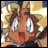 Pixelated anime-style character with wide eyes and open mouth, brown hair, yellow background, black with white text