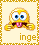 Pixelated yellow cartoon character with large blue eyes and pink tongue, holding brown object, on beige background with gold border, text 'inge' below.