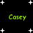 Black background with white star shapes and four instances of the name 'Casey' in green pixelated text arranged in a