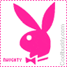 Pink bunny head silhouette with bow tie, text 'NAUGHTY' below, on white background with pink dotted border.