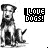 identical dog illustrations with changing text and particle effects, each displaying "I LOVE DOGS!" in different colors and styles
