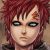 Pixelated icon of a character with spiky red hair, light skin, and blue eyes against a brown background.