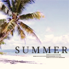 A static beach scene with a palm tree, ocean, and sky, featuring the word 'SUMMER' in large letters at the bottom.
