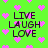 Green background with pink pixelated hearts and black text reading LIVE LAUGH LOVE in four quadrants.