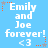 Pixelated blue background with white text "Emily and Joe forever! <3" repeated in a , surrounded by orange and gray star-shaped decorations