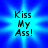 Pixelated blue starburst background with black text reading "Kiss My Ass!" in a retro digital font.