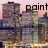 Pixelated cityscape with pink sky background, text "paint runs from your mouth" in black lowercase letters across two