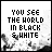 Static black-and-white pixel art displays text 'YOU SEE THE WORLD IN BLACK & WHITE' with abstract smoky background elements.