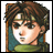 Pixelated character portrait with brown hair and green clothing against a white background, next to black background with white text.
