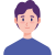 Pixelated avatar of a person with short dark purple hair, light skin, and blue eyes wearing a solid blue shirt against a gray background.