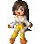 Pixel art contact sheet showing a female character in yellow overalls performing multiple walking/running poses with brown hair and white shirt, displayed on gray background.