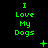 Green pixelated text "I Love My Dogs" on black background with scattered green symbols and dots in a