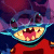 Pixelated static icon of a cartoon character with purple hair, blue eyes, and an open mouth showing teeth, wearing a red shirt against a dark background.