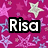 Pixelated icon with bold white text "Riso" on black background, set against magenta starry backdrop.