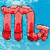 Static pixelated icon of a red Scorpio zodiac symbol on a blue background with visible dithering and anti-aliasing effects.