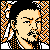 Pixelated static icon of a person's face with black hair, orange and white checkered border, and black-and-orange patterned clothing against a solid black background.