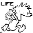 Pixelated black-and-white icon of a cartoon character with spiky hair, showing text labels above and below the figure.
