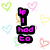 Pixelated text phrases in pink with black outlines arranged over a white background of pastel heart shapes.