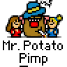 Animated contact sheet of a Mr. Potato Head character with two smaller figures, displaying text changes across frames.