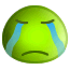 Two identical green spherical icons with closed eyes, downturned mouth, and blue tears streaming down their faces.