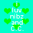 Green heart shapes and white text on a cyan background with pixelated rendering.