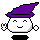 Pixelated character with purple wizard hat, white face, and black body parts; four variations show hand gestures changing from open to peace sign.