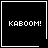 Four black square with white borders display "KABOOM!" text, each containing a distinct small symbol in the bottom-right corner