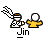 Pixel art animation of two figures with a red block structure, one figure has white wings and striped head, the other has yellow clothing and white head, text 'Jin' below.