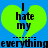 Two identical green heart shapes with black text 'I hate my' inside, set against a blue background with pixelated text at the bottom.
