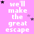 Pixelated text repeats 'we'll make the great escape' on a pink background with scattered stars, some of which change position across frames.