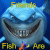 Pixelated shark face with wide grin, blue body, and yellow text reading 'Friends', 'Not', 'Fish Are', 'Food' against dark blue background.