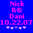 Blue background with pink pixelated text reading "Nick & & Dani 10.22.07" and five star-like symbols below, two of which change color between frames.