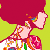 Pixelated figure with large magenta hair, pink limbs, and colorful patterned clothing against a lime green background.