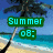 Pixelated beach scene with palm tree and ocean, overlaid text "Summer 08:" in green boxes; adjacent -patterned background with pink text "yep its great but..."