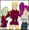Three cartoon characters stand side-by-side: a green-skinned alien, a muscular man with blonde hair, and a woman with purple hair in a high ponytail.