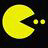 Pixelated yellow Pac-Man character with open mouth facing right, two small yellow dots trailing behind on dark background, next to white pixelated text "CHOMP!" in blocky font.