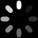 Black background with scattered white and gray oval shapes in varying sizes, some forming partial circular patterns, with a solid gray rectangle in the bottom-right corner.