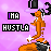 Animated contact sheet of a pixelated orange dog mascot with black horns and headphones, standing on a gray rock against a pink background, displaying text variations across 12 frames.